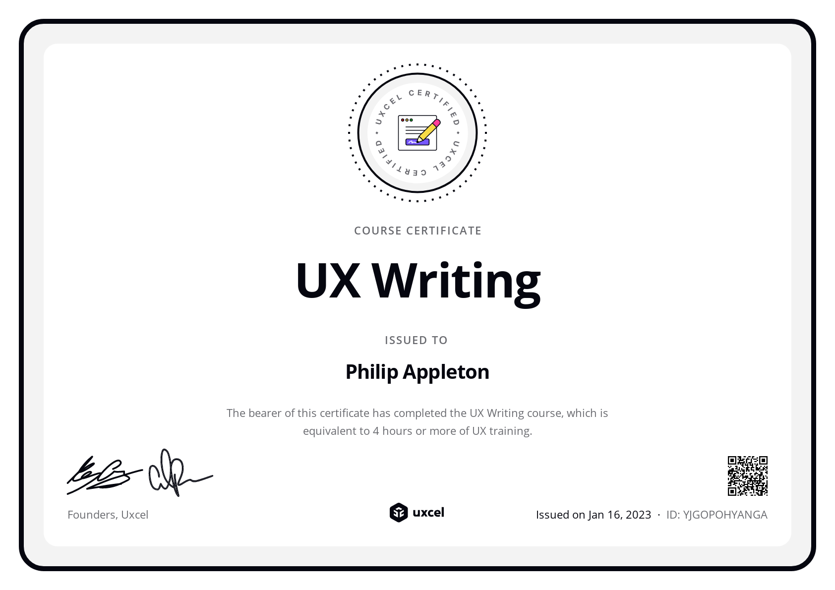 Philip Appleton's certificate